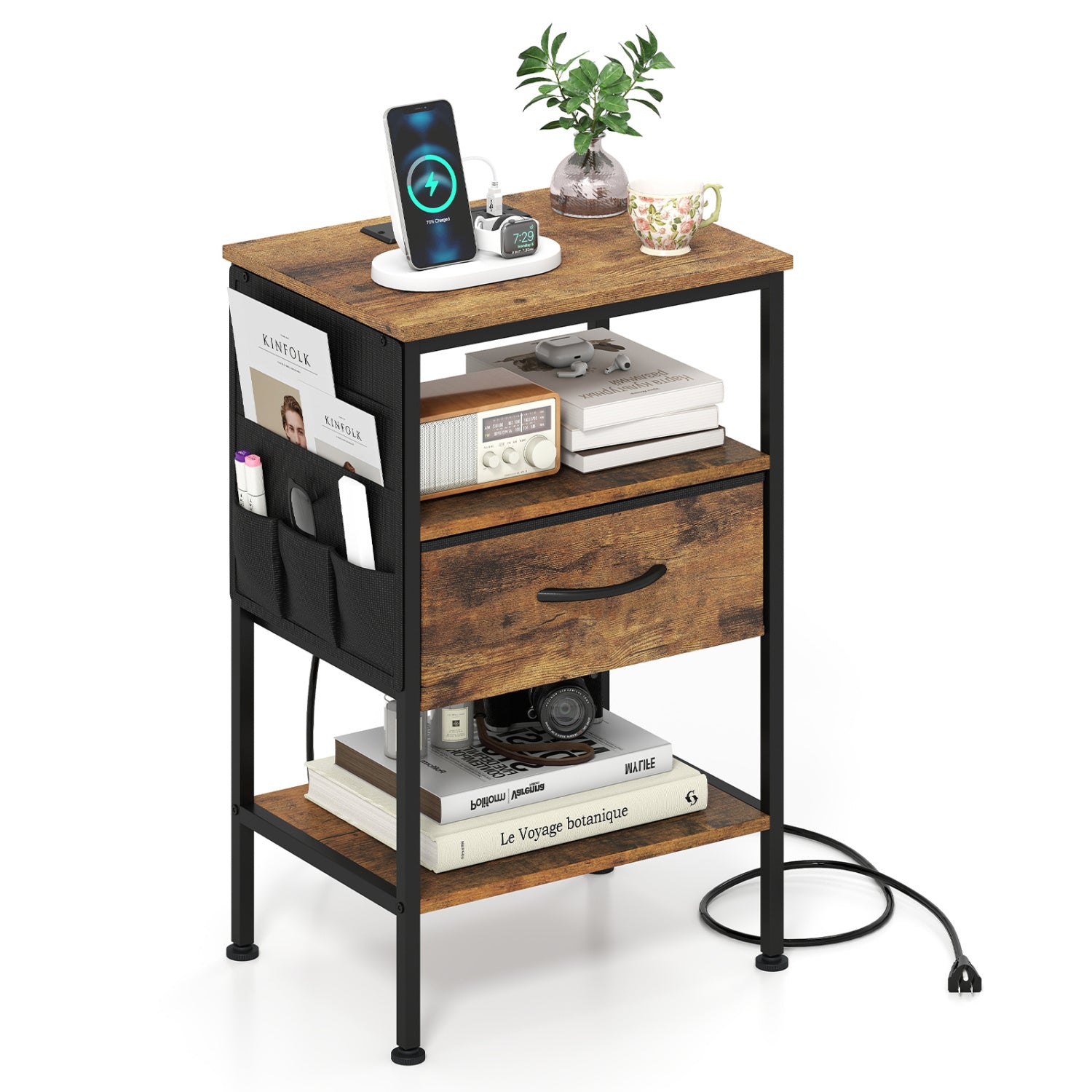Nightstand With Charging Station, 24.5 Inch, Fabric Drawer, Rustic Brown Nightstands at Gallery Canada