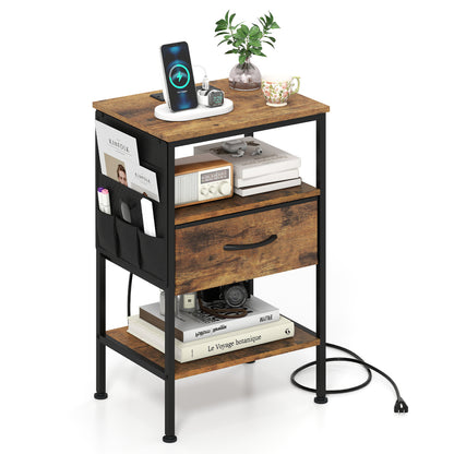 Nightstand With Charging Station, 24.5 Inch, Fabric Drawer, Rustic Brown Nightstands at Gallery Canada