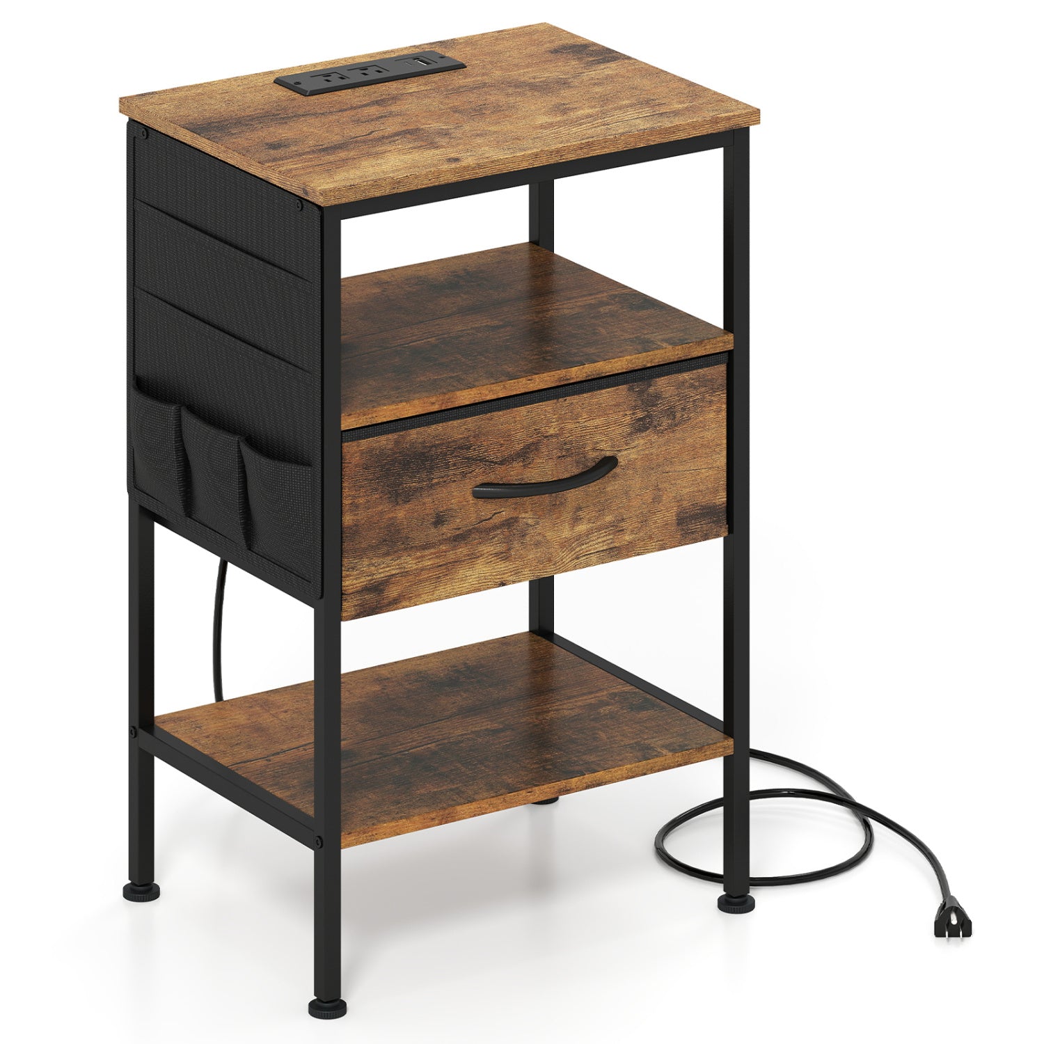 Nightstand With Charging Station, 24.5 Inch, Fabric Drawer, Rustic Brown Nightstands at Gallery Canada