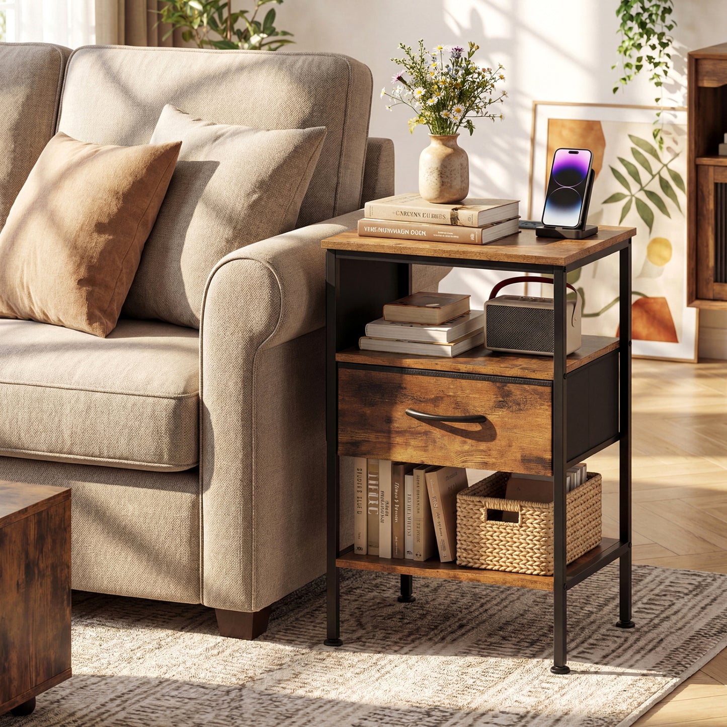 Nightstand With Charging Station, 24.5 Inch, Fabric Drawer, Rustic Brown Nightstands at Gallery Canada