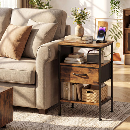 Nightstand With Charging Station, 24.5 Inch, Fabric Drawer, Rustic Brown Nightstands at Gallery Canada