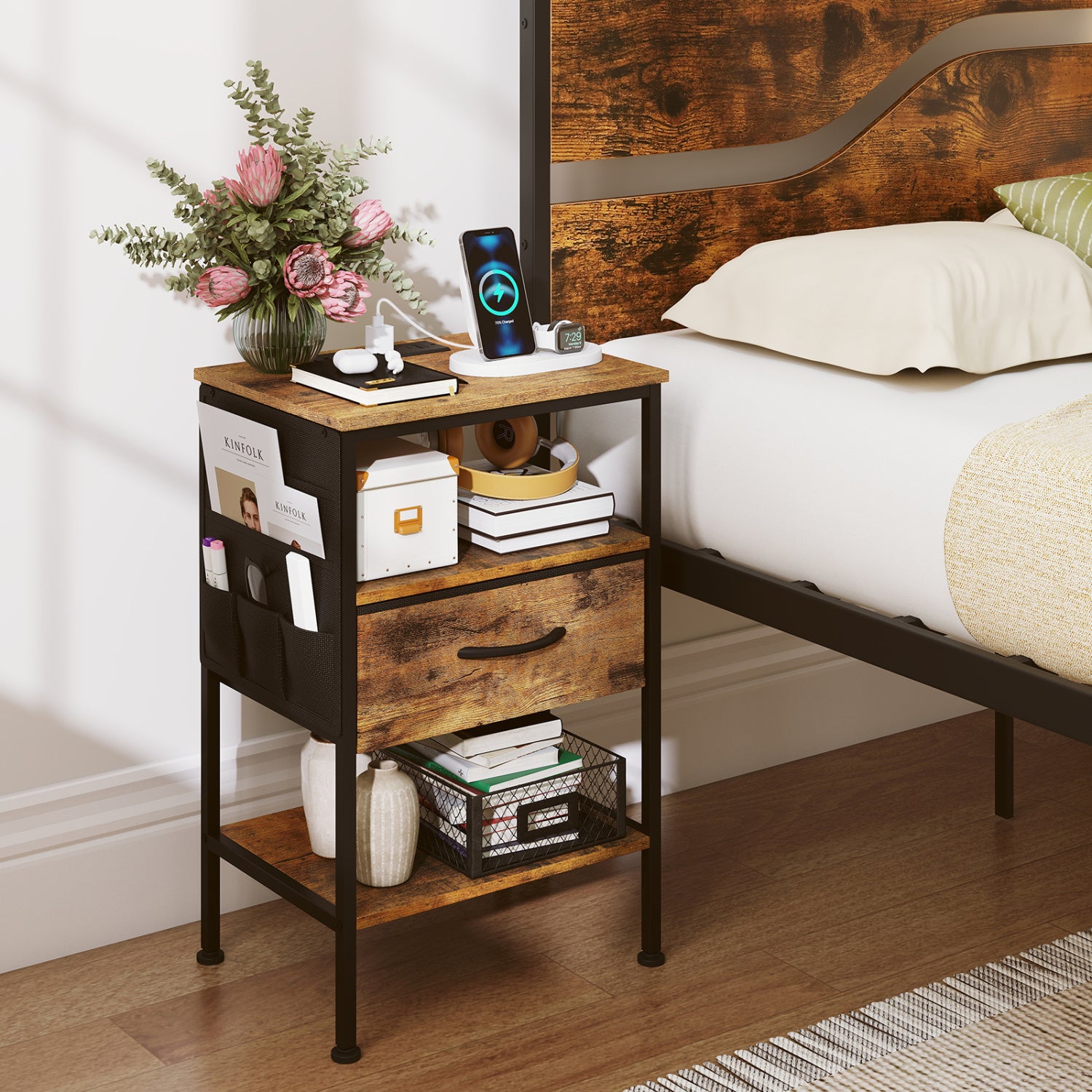 Nightstand With Charging Station, 24.5 Inch, Fabric Drawer, Rustic Brown Nightstands at Gallery Canada