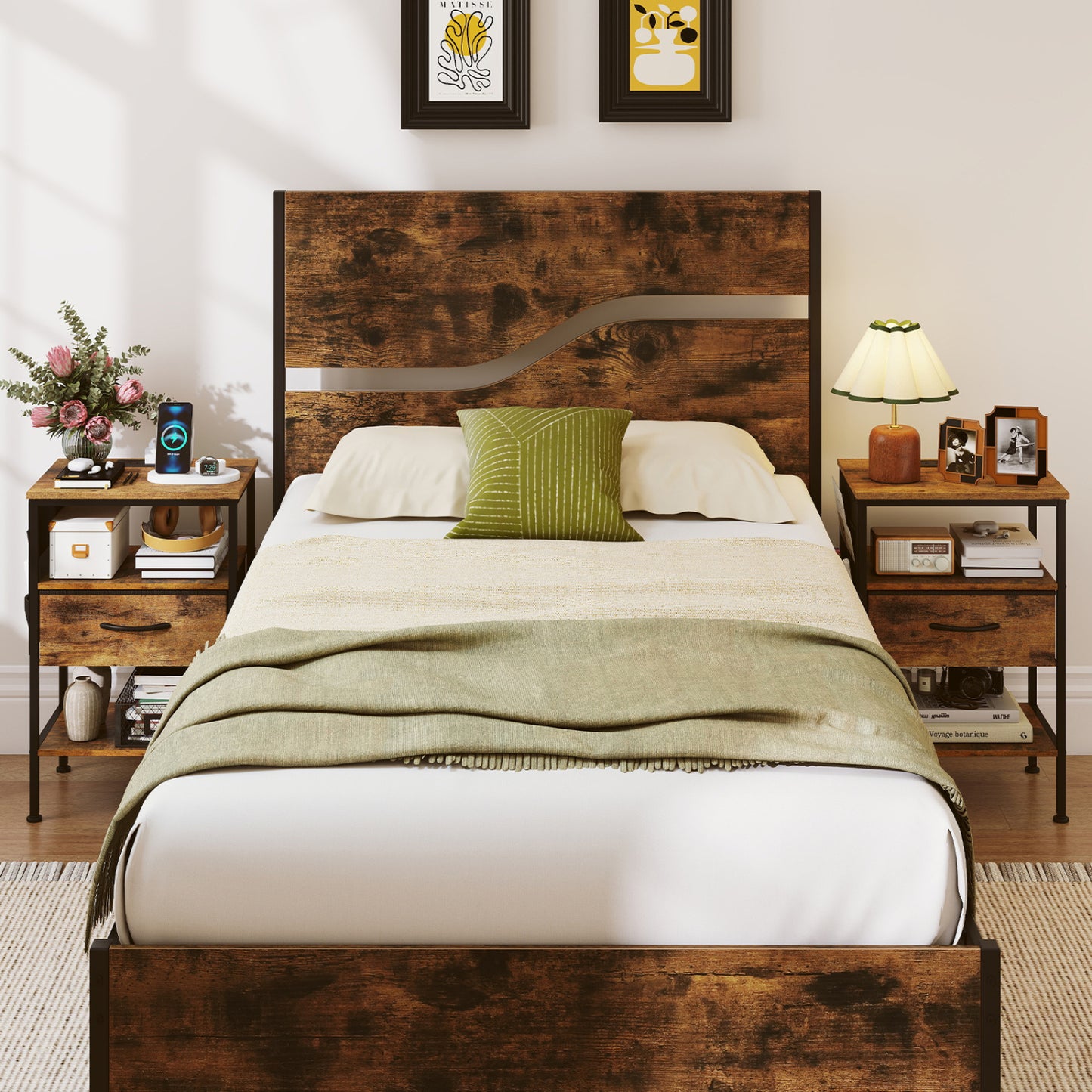 Nightstand With Charging Station, 24.5 Inch, Fabric Drawer, Rustic Brown Nightstands at Gallery Canada