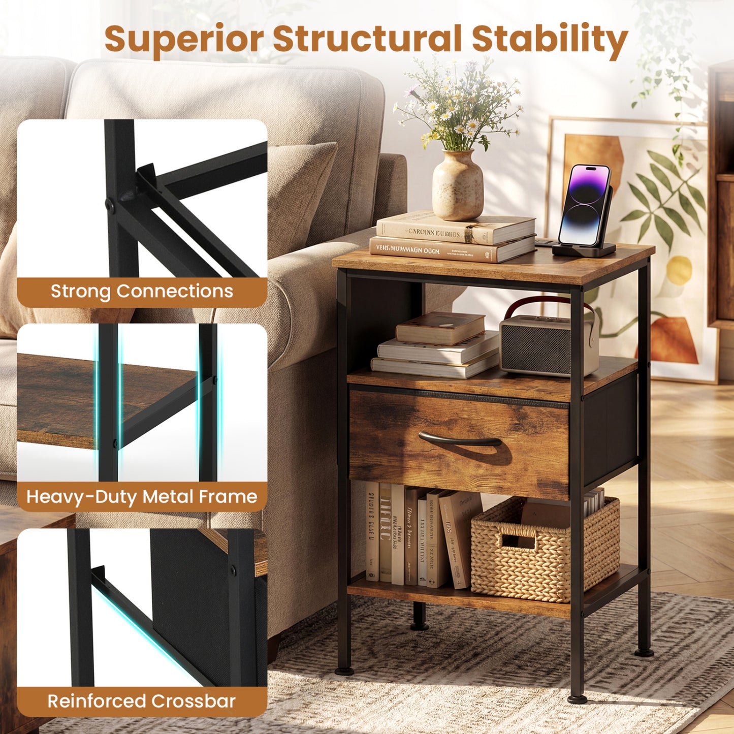 Nightstand With Charging Station, 24.5 Inch, Fabric Drawer, Rustic Brown Nightstands at Gallery Canada