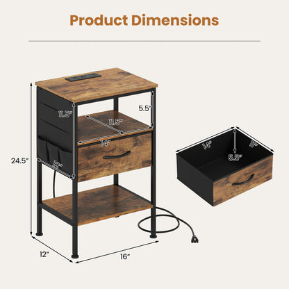 Nightstand With Charging Station, 24.5 Inch, Fabric Drawer, Rustic Brown Nightstands at Gallery Canada