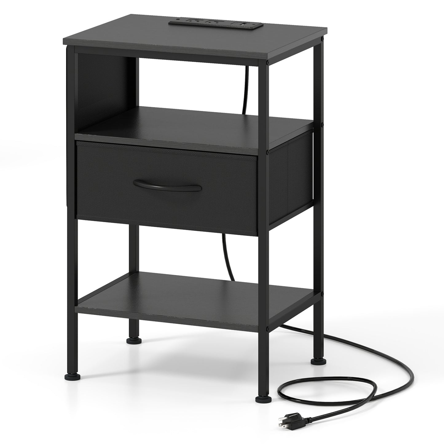 Nightstand with Charging Station 24.5 inch Modern Bedside Table with Fabric Drawer, Black