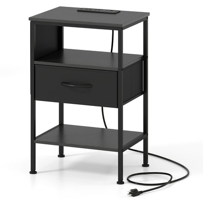 Nightstand with Charging Station 24.5 inch Modern Bedside Table with Fabric Drawer, Black