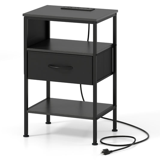 Nightstand with Charging Station 24.5 inch Modern Bedside Table with Fabric Drawer, Black Nightstands Black at Gallery Canada