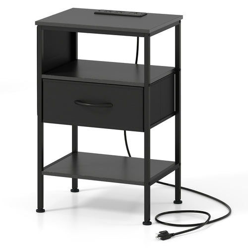 Nightstand with Charging Station 24.5 inch Modern Bedside Table with Fabric Drawer, Black