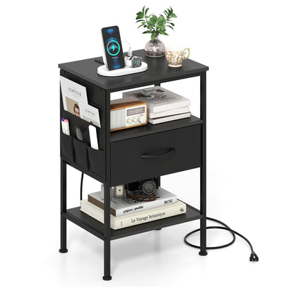 Nightstand with Charging Station 24.5 inch Modern Bedside Table with Fabric Drawer, Black