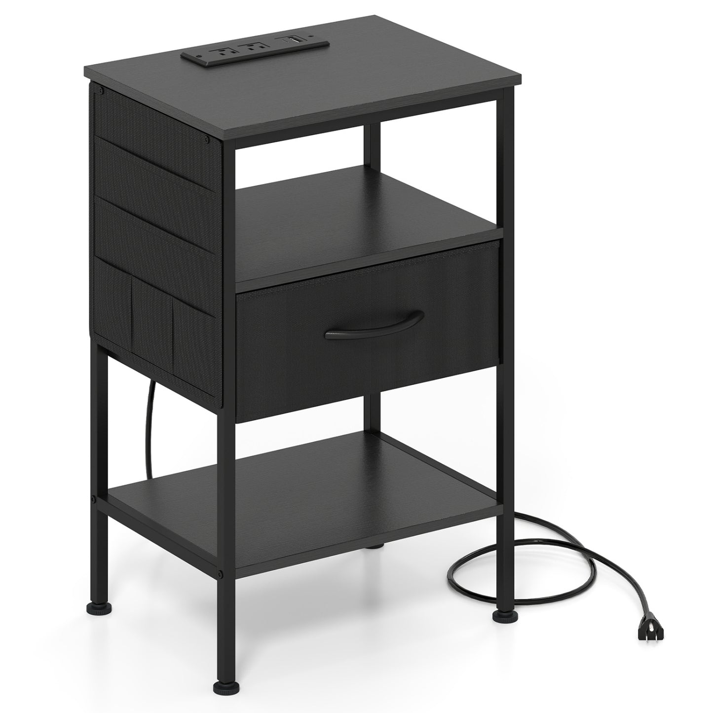 Nightstand with Charging Station 24.5 inch Modern Bedside Table with Fabric Drawer, Black