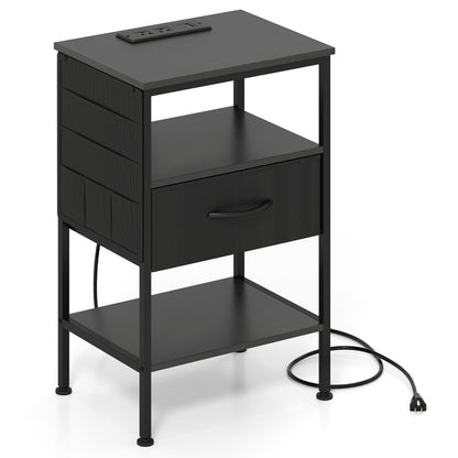 Nightstand with Charging Station 24.5 inch Modern Bedside Table with Fabric Drawer, Black