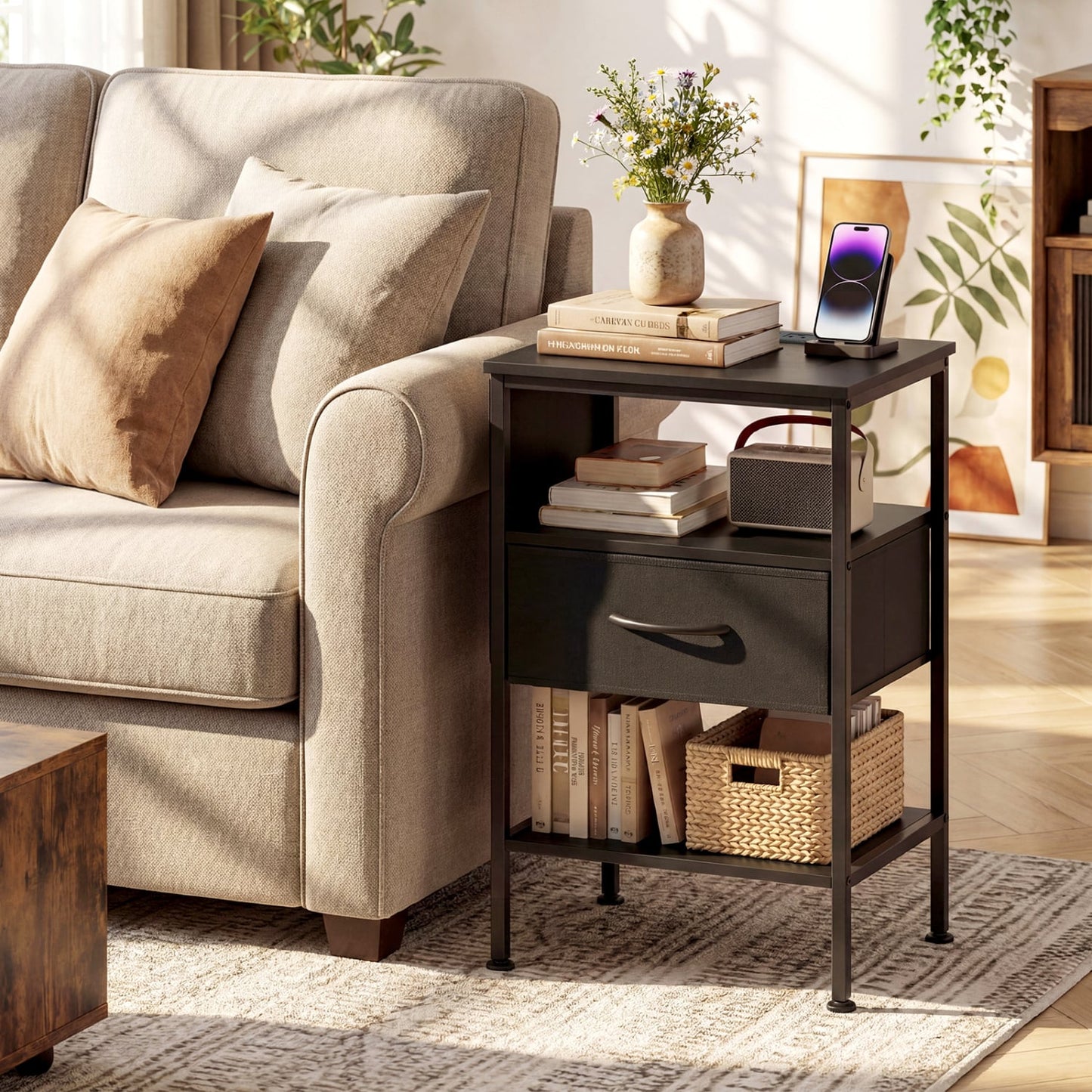 Nightstand with Charging Station 24.5 inch Modern Bedside Table with Fabric Drawer, Black