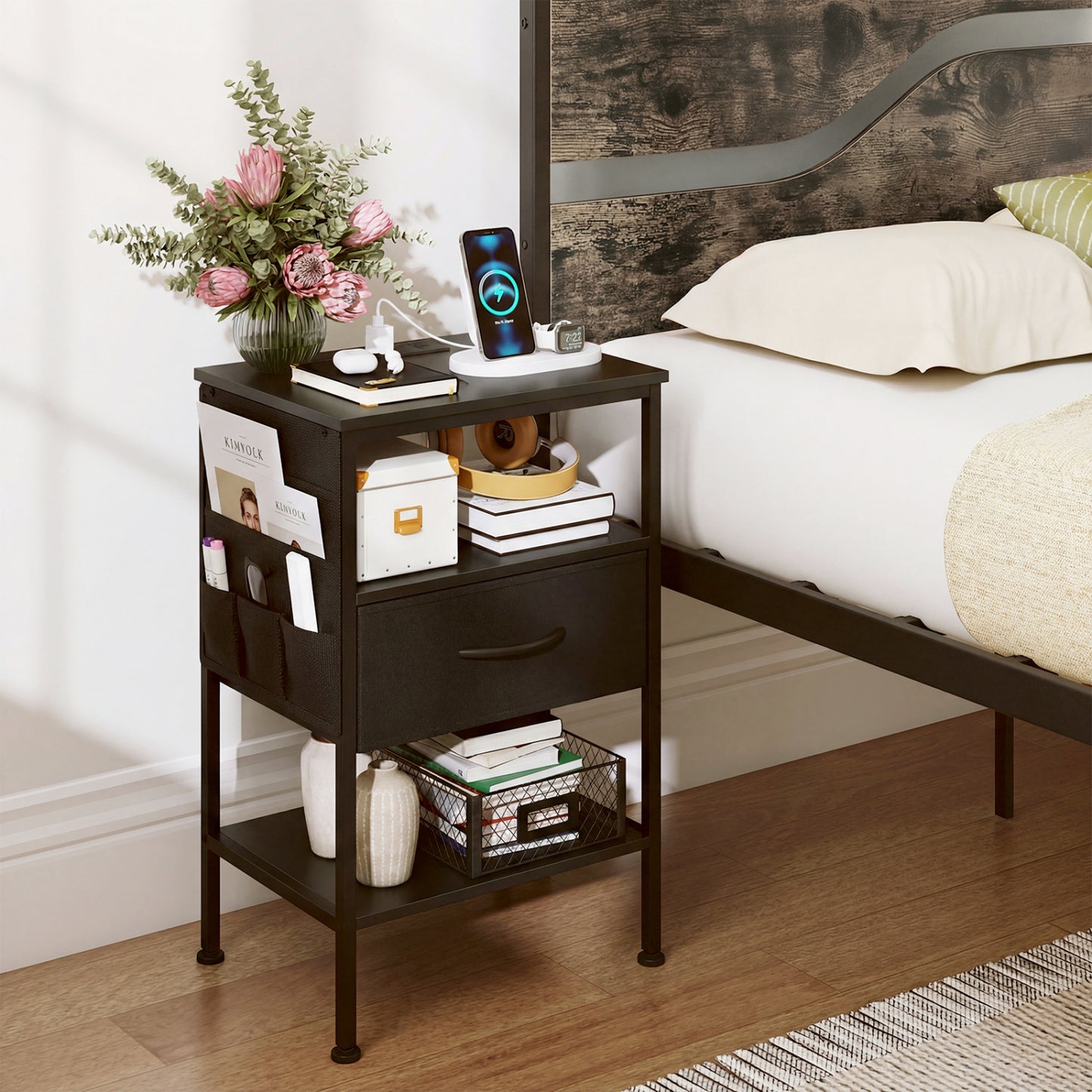 Nightstand with Charging Station 24.5 inch Modern Bedside Table with Fabric Drawer, Black