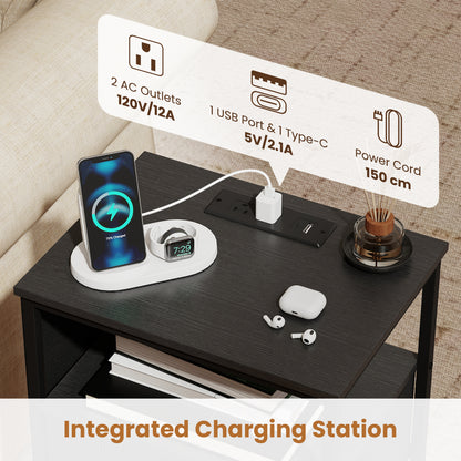 Nightstand with Charging Station 24.5 inch Modern Bedside Table with Fabric Drawer, Black