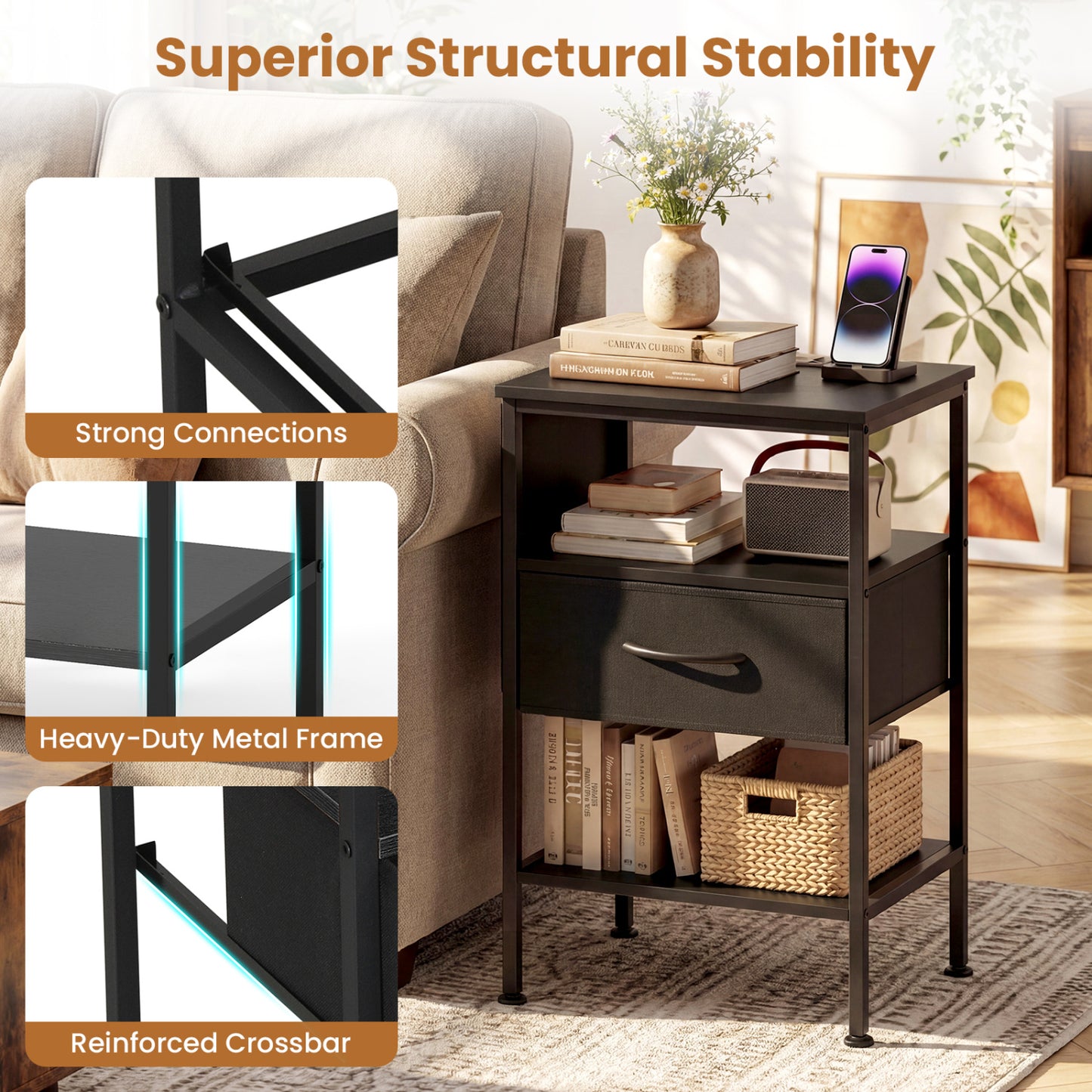 Nightstand with Charging Station 24.5 inch Modern Bedside Table with Fabric Drawer, Black
