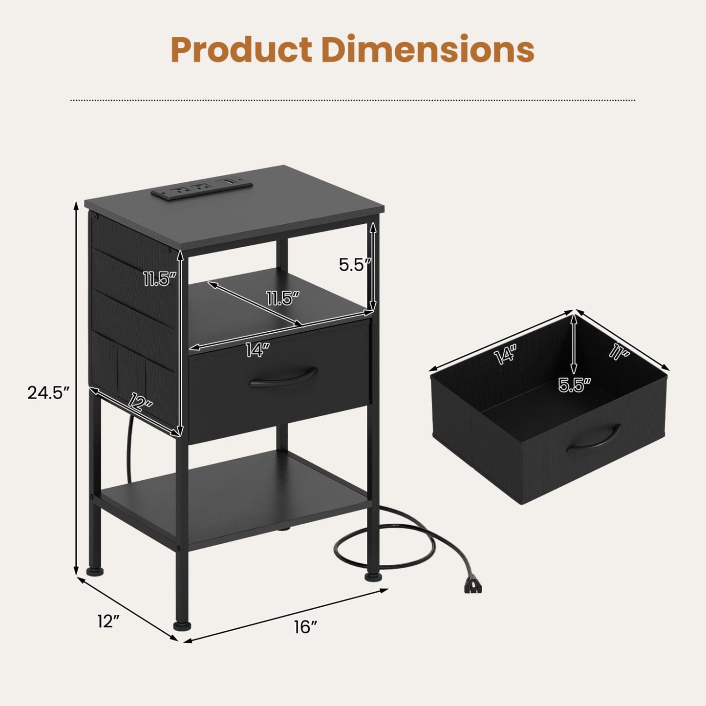 Nightstand with Charging Station 24.5 inch Modern Bedside Table with Fabric Drawer, Black