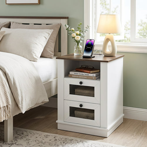 Nightstand with Charging Station, 2 Drawers, Rustic Brown