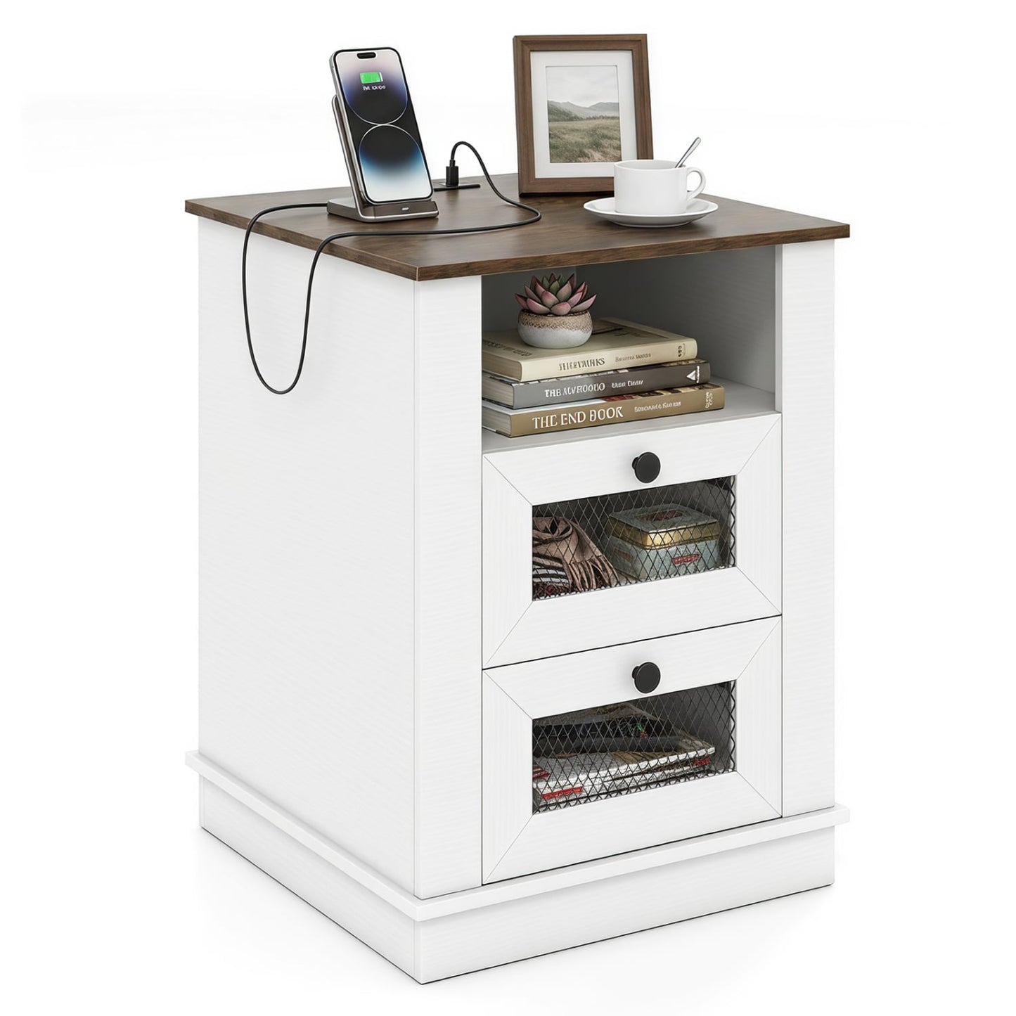 Nightstand with Charging Station, 2 Drawers, Rustic Brown