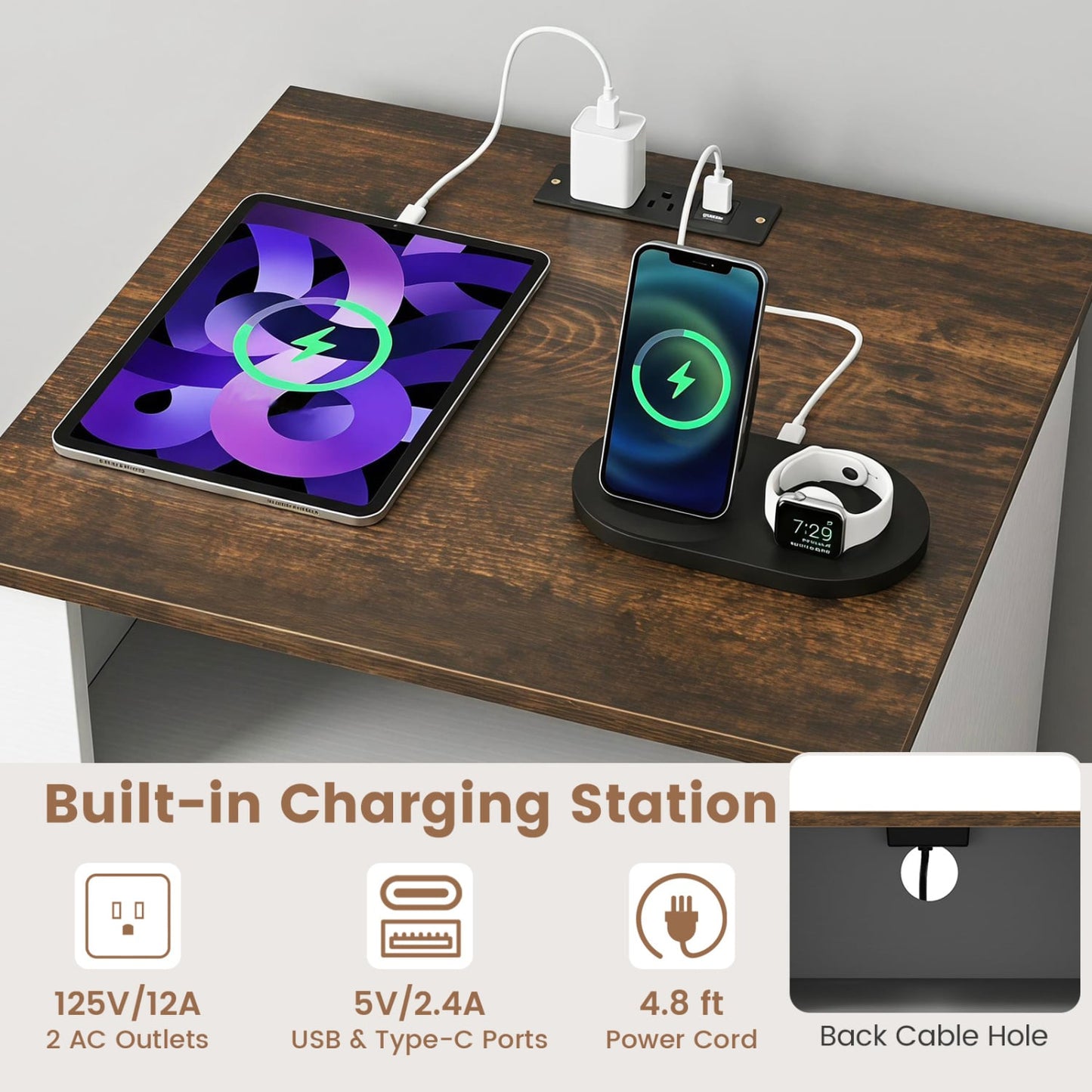 Nightstand with Charging Station, 2 Drawers, Rustic Brown