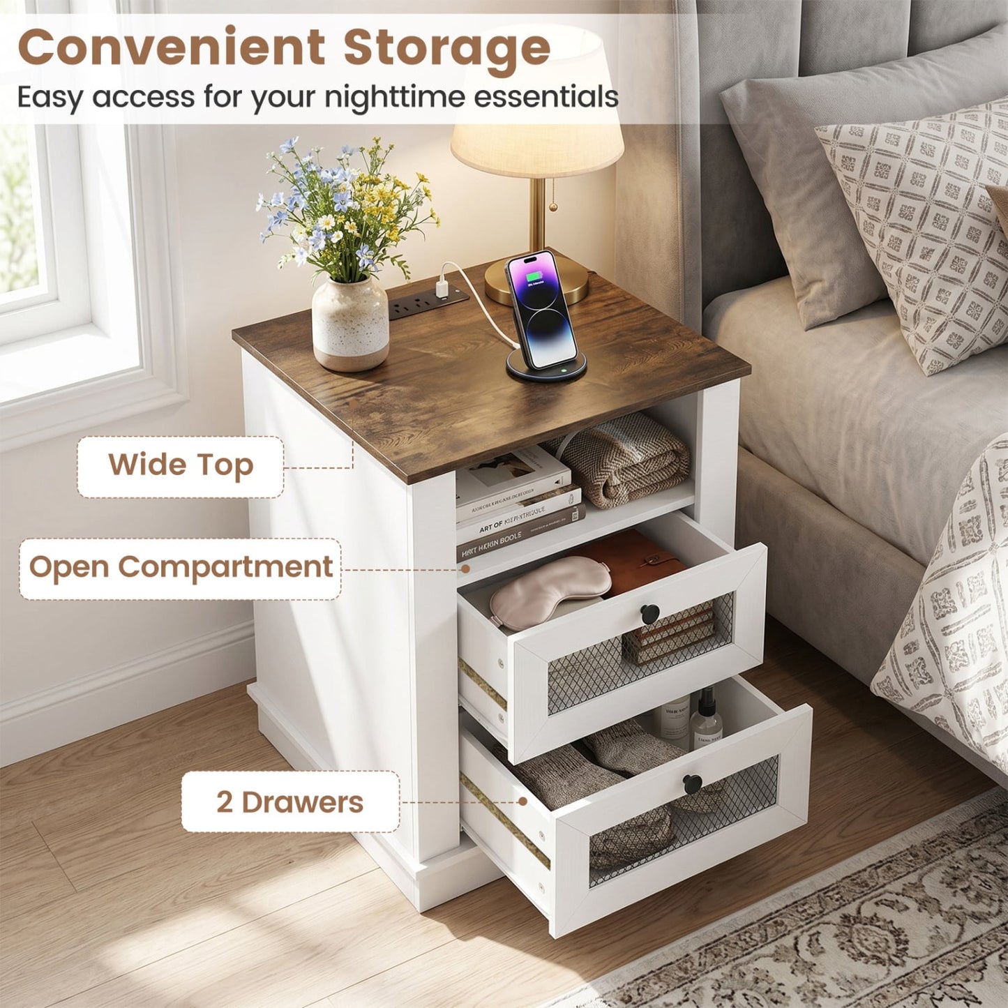 Nightstand with Charging Station, 2 Drawers, Rustic Brown