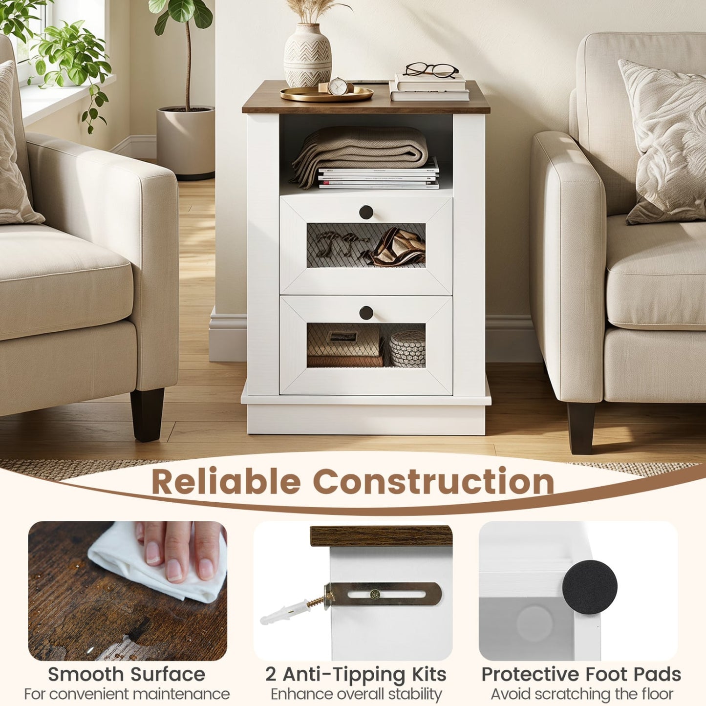 Nightstand with Charging Station, 2 Drawers, Rustic Brown