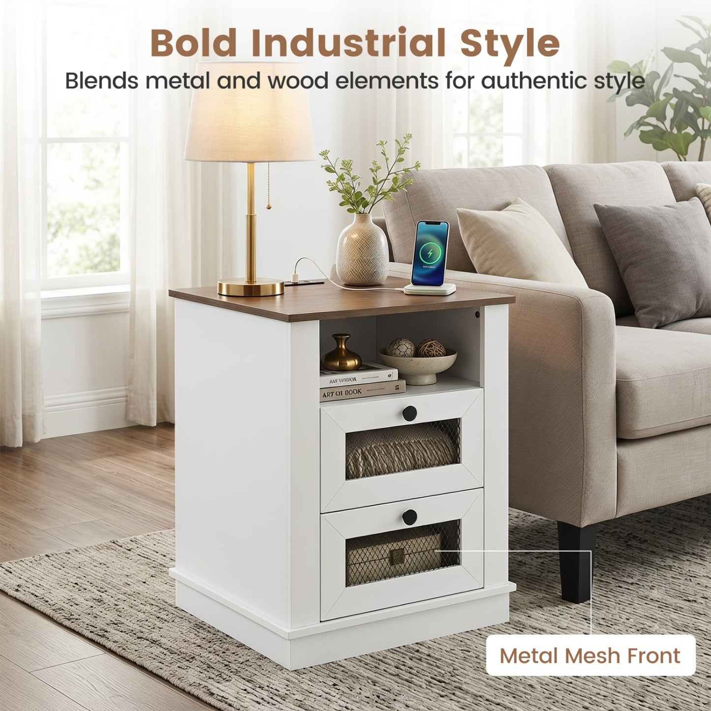 Nightstand with Charging Station, 2 Drawers, Rustic Brown