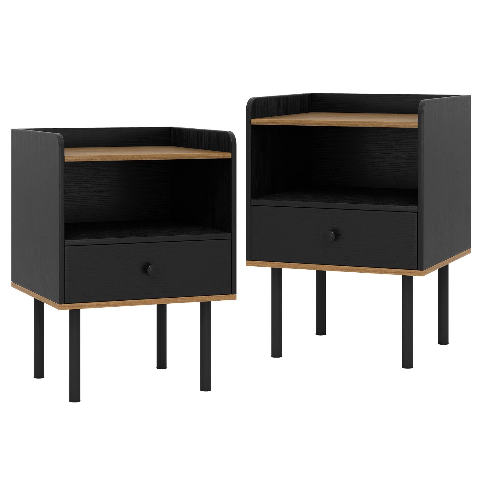 Nightstand with Drawer 3-Tier Sofa Side Table with Open Storage Shelf Set of 2, Black Nightstands Black at Gallery Canada