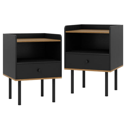 Nightstand with Drawer 3-Tier Sofa Side Table with Open Storage Shelf Set of 2, Black Nightstands Black at Gallery Canada