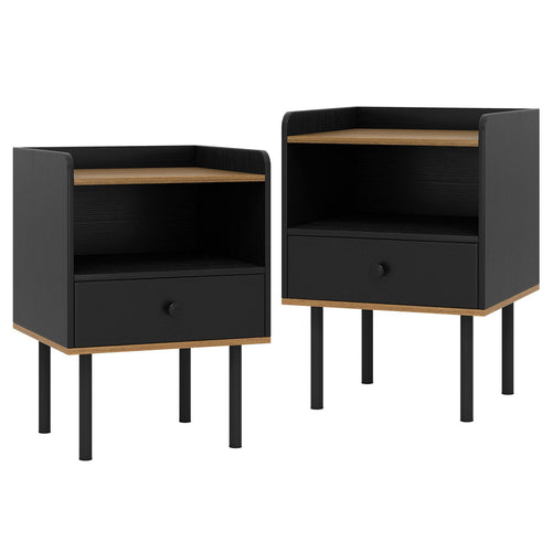 Nightstand with Drawer 3-Tier Sofa Side Table with Open Storage Shelf Set of 2, Black