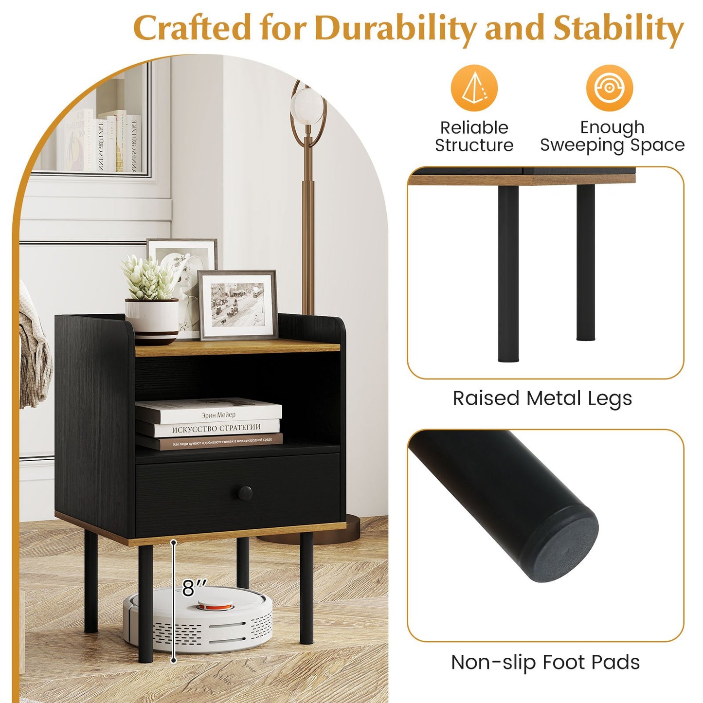 Nightstand with Drawer 3-Tier Sofa Side Table with Open Storage Shelf Set of 2, Black Nightstands at Gallery Canada