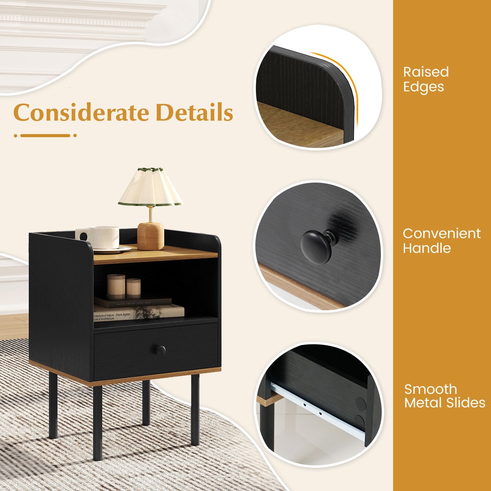 Nightstand with Drawer 3-Tier Sofa Side Table with Open Storage Shelf Set of 2, Black Nightstands at Gallery Canada