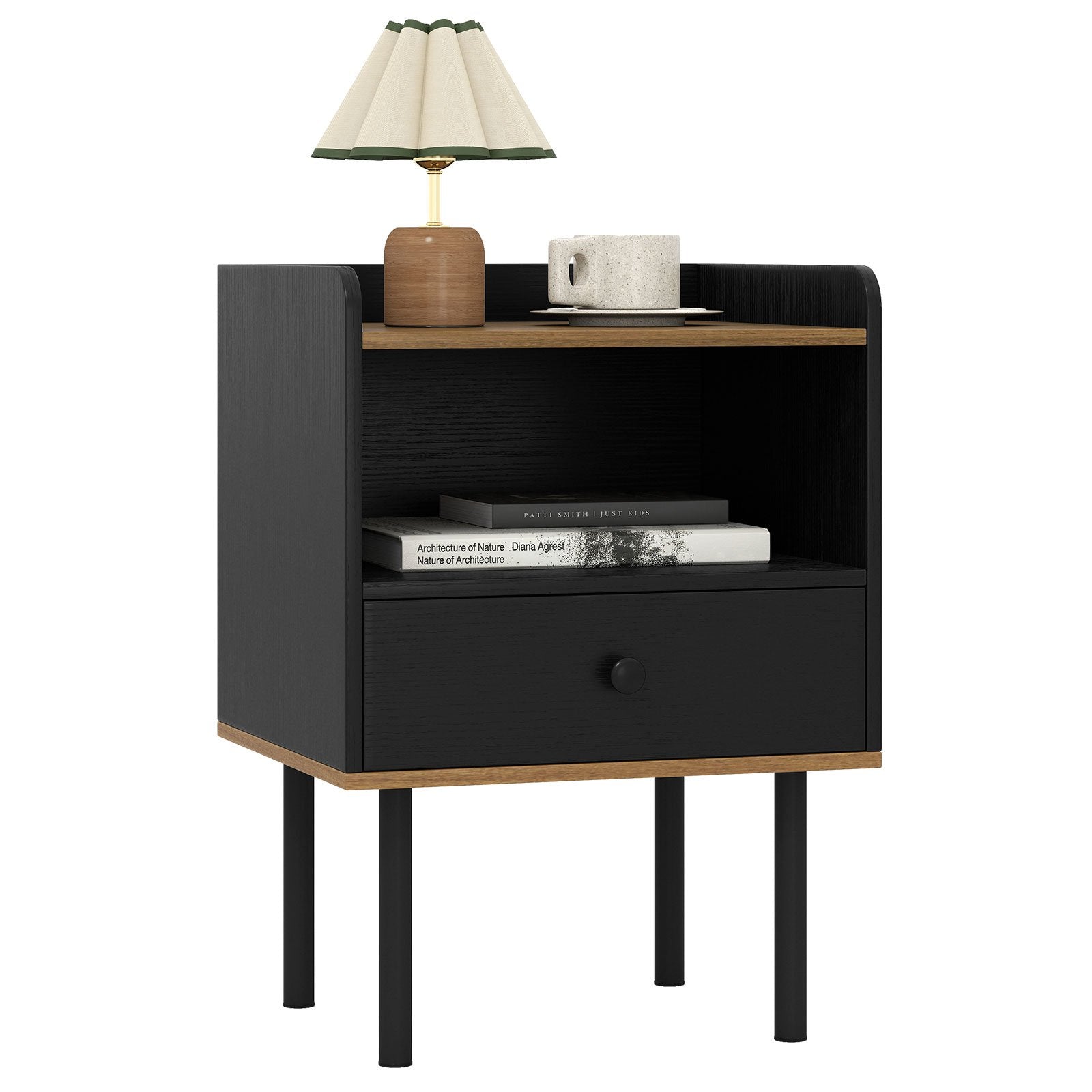 Nightstand with Drawer 3-Tier Sofa Side Table with Open Storage Shelf, Black Nightstands at Gallery Canada