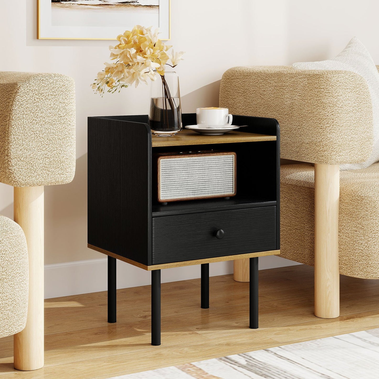 Nightstand with Drawer 3-Tier Sofa Side Table with Open Storage Shelf, Black Nightstands at Gallery Canada