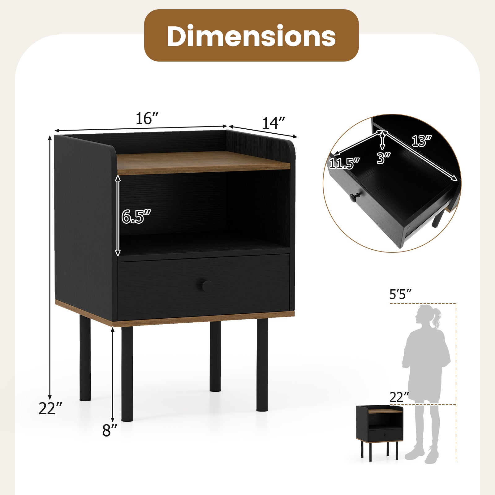 3-Tier Sofa Side Table With Drawer, Open Storage Shelf, Set Of 2, Black Nightstands at Gallery Canada