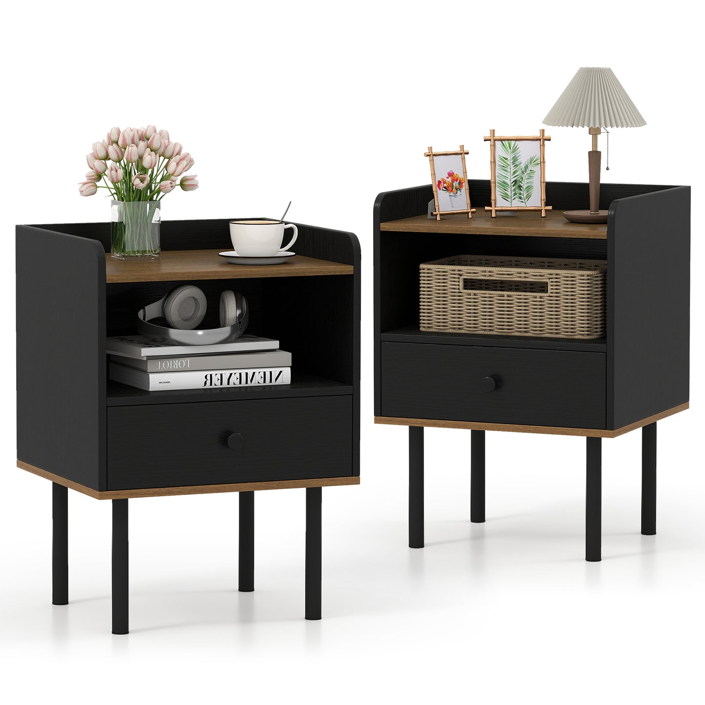 3-Tier Sofa Side Table With Drawer, Open Storage Shelf, Set Of 2, Black Nightstands at Gallery Canada