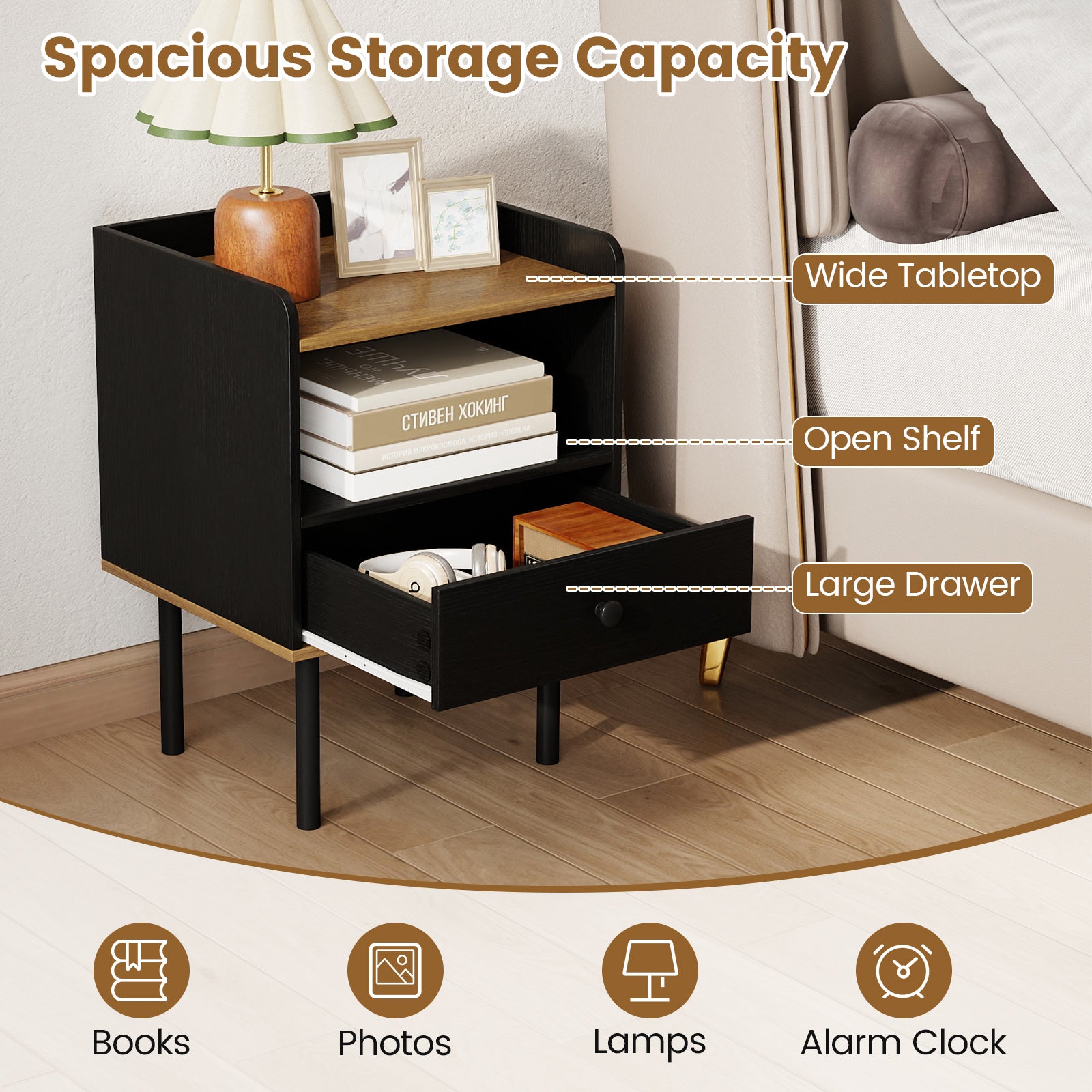 3-Tier Sofa Side Table With Drawer, Open Storage Shelf, Set Of 2, Black Nightstands at Gallery Canada
