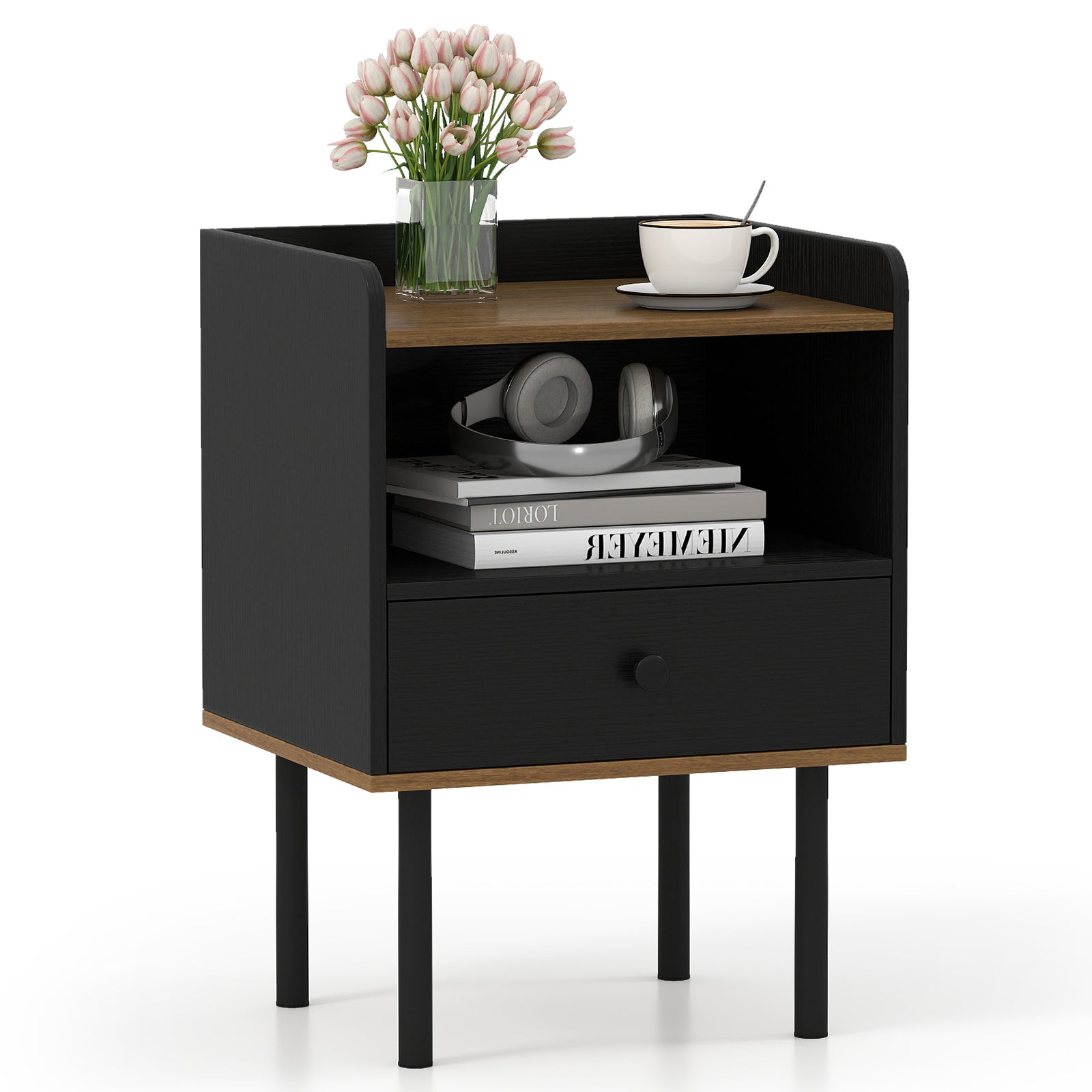 Nightstand with Drawer 3-Tier Sofa Side Table with Open Storage Shelf, Black Nightstands at Gallery Canada