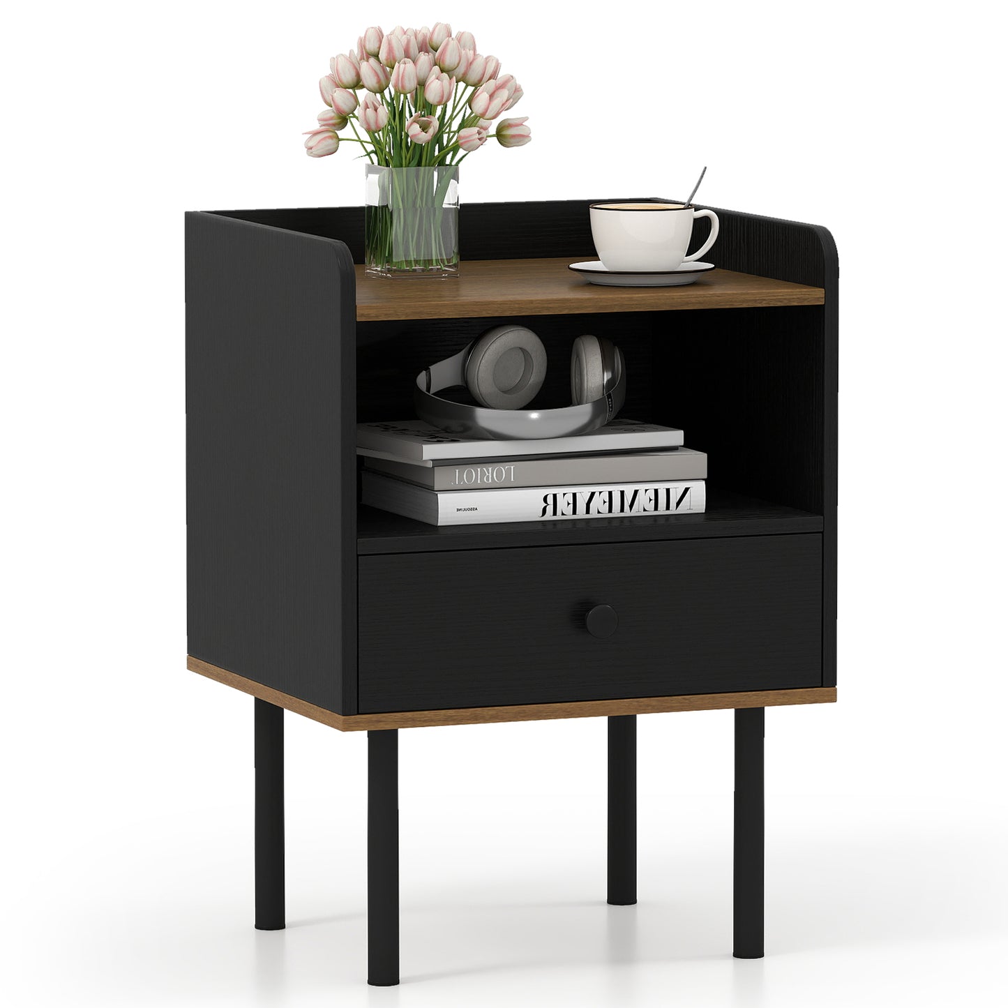 Nightstand with Drawer 3-Tier Sofa Side Table with Open Storage Shelf, Black Nightstands at Gallery Canada