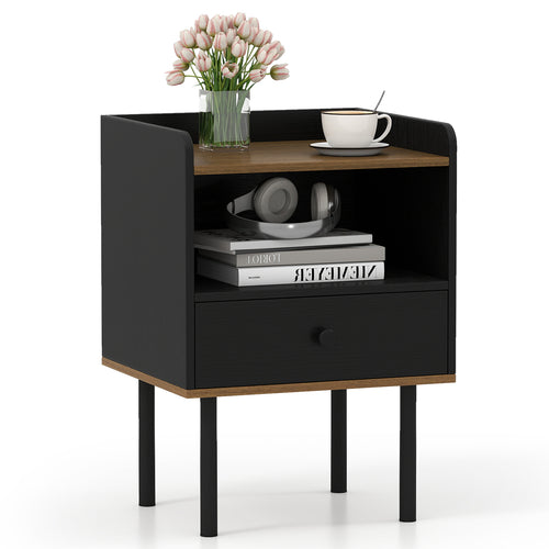 Nightstand with Drawer 3-Tier Sofa Side Table with Open Storage Shelf, Black