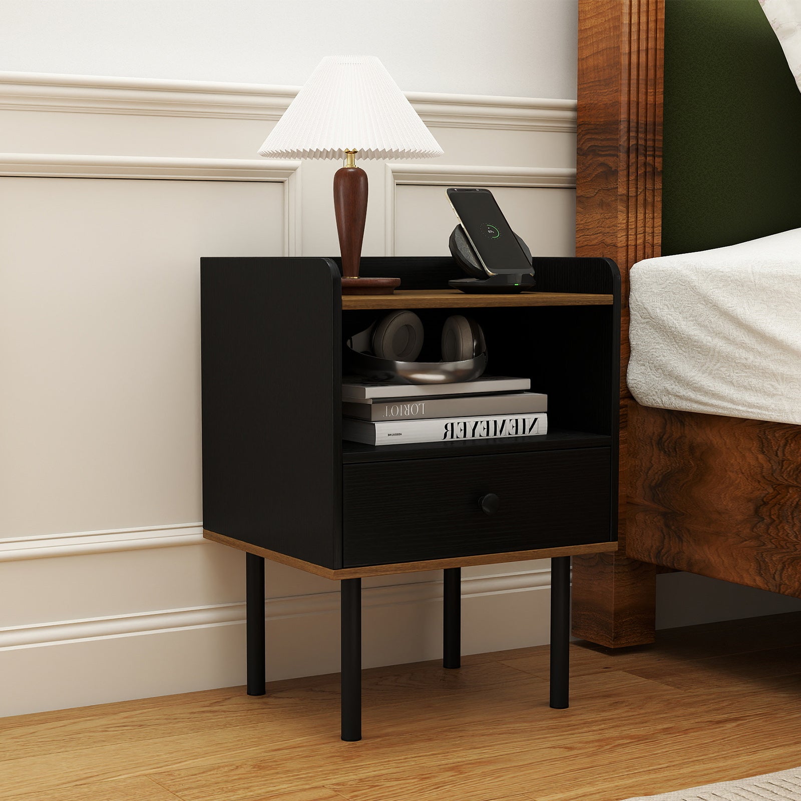 Nightstand with Drawer 3-Tier Sofa Side Table with Open Storage Shelf, Black Nightstands at Gallery Canada