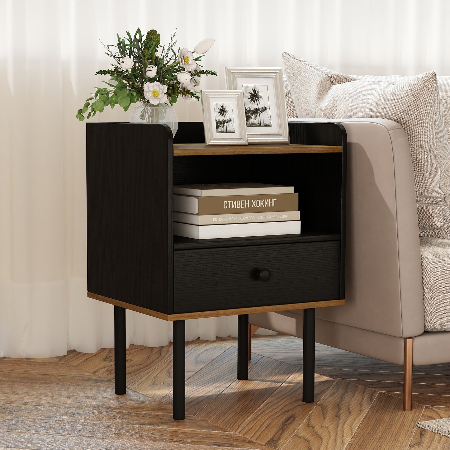 Nightstand with Drawer 3-Tier Sofa Side Table with Open Storage Shelf, Black Nightstands at Gallery Canada