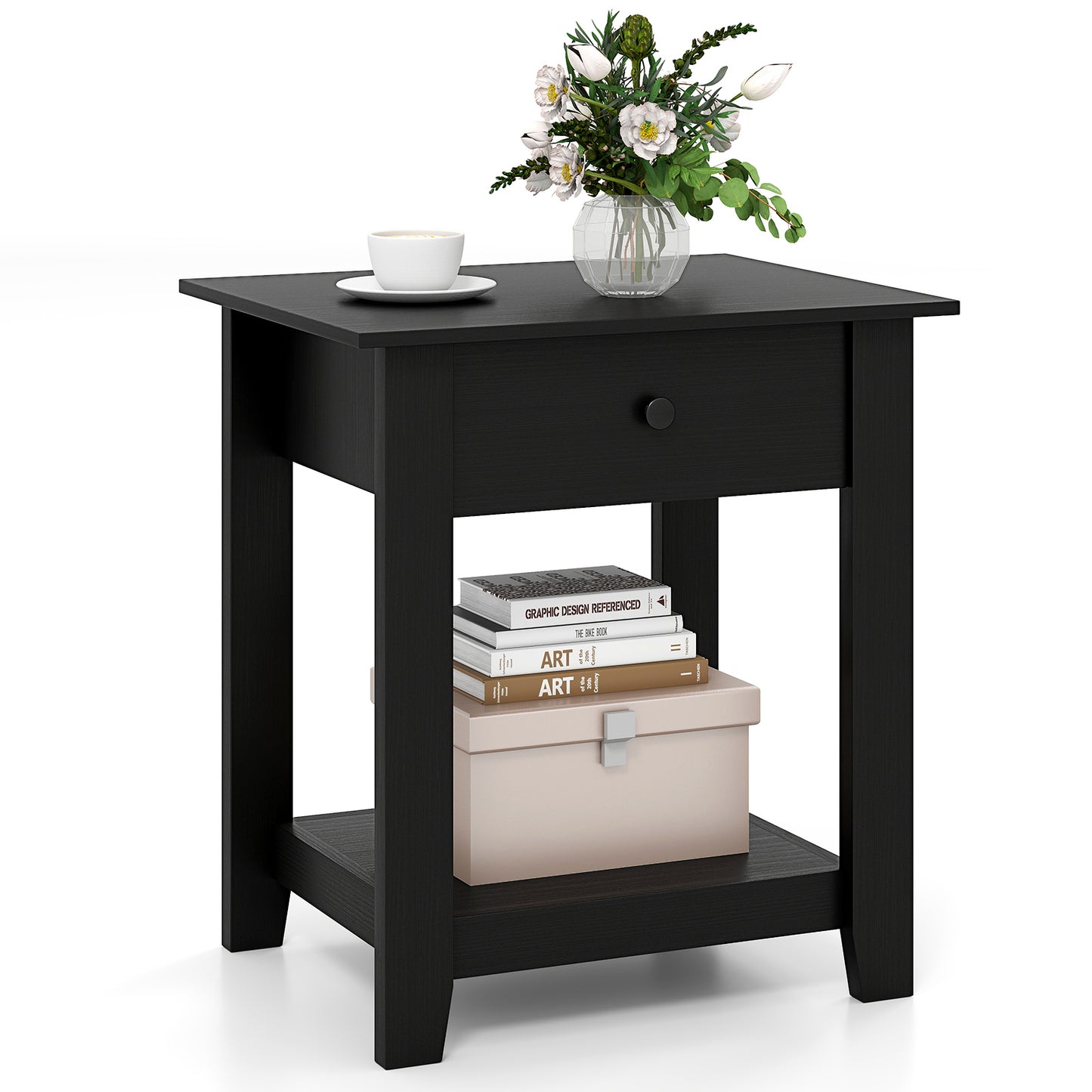 Nightstand with Drawer 3-Tier Modern Bedside Table with Open Shelf and Storage, Black Nightstands at Gallery Canada