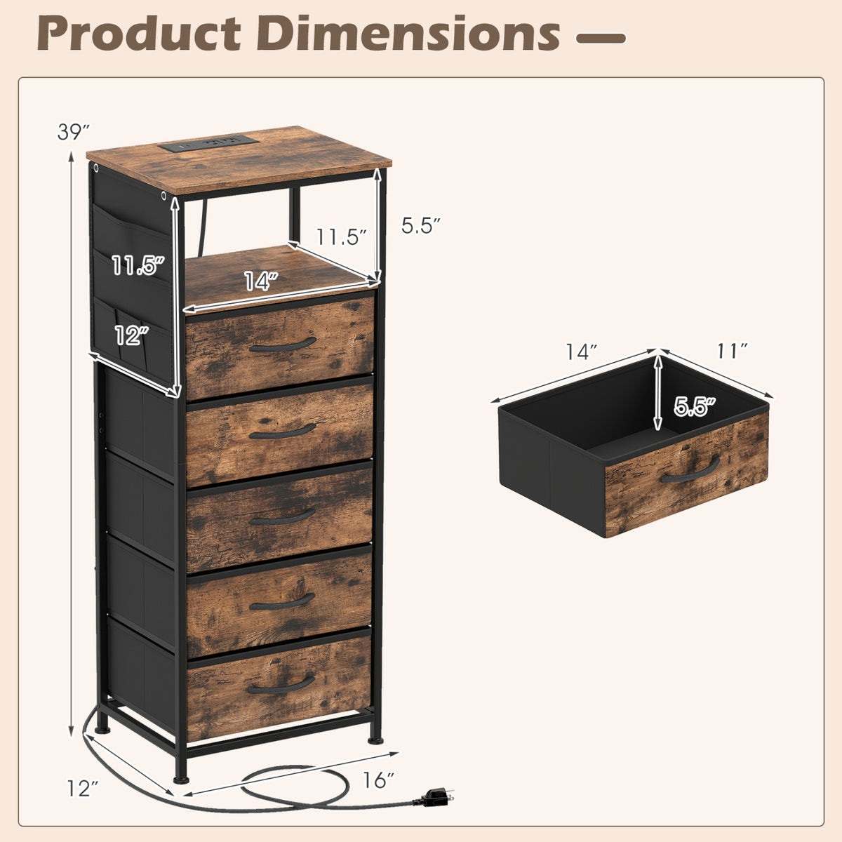 Nightstand With Charging Station, 39 Inches, Brown Nightstands at Gallery Canada