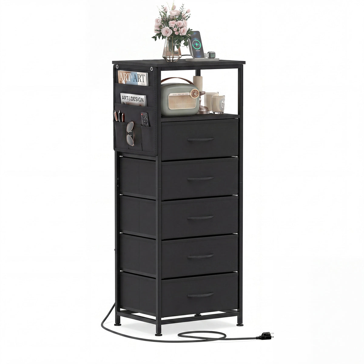 Nightstand With Charging Station, 39 Inches, Black Nightstands at Gallery Canada