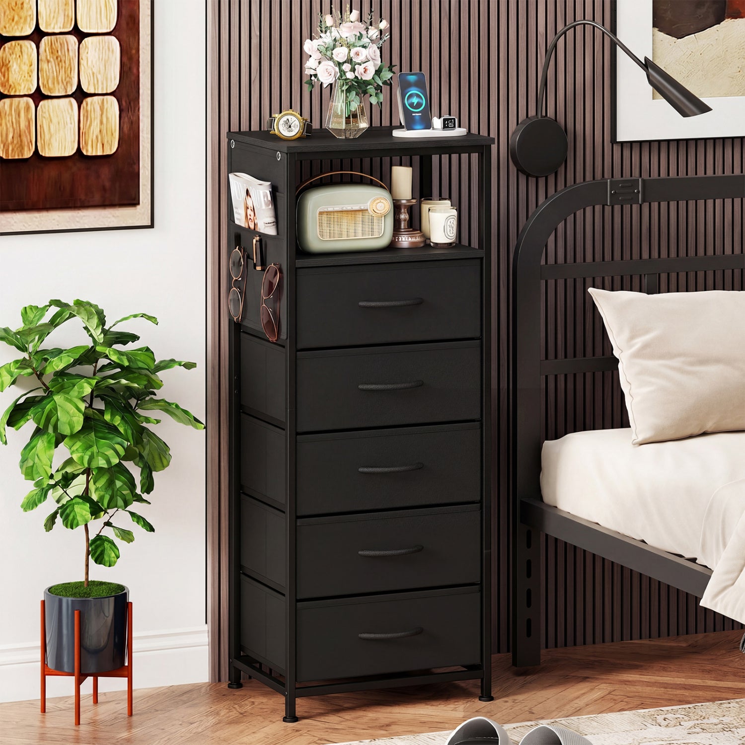 Nightstand With Charging Station, 39 Inches, Black Nightstands at Gallery Canada