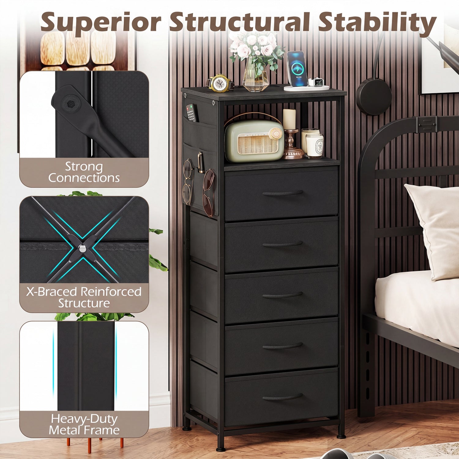 Nightstand With Charging Station, 39 Inches, Black Nightstands at Gallery Canada