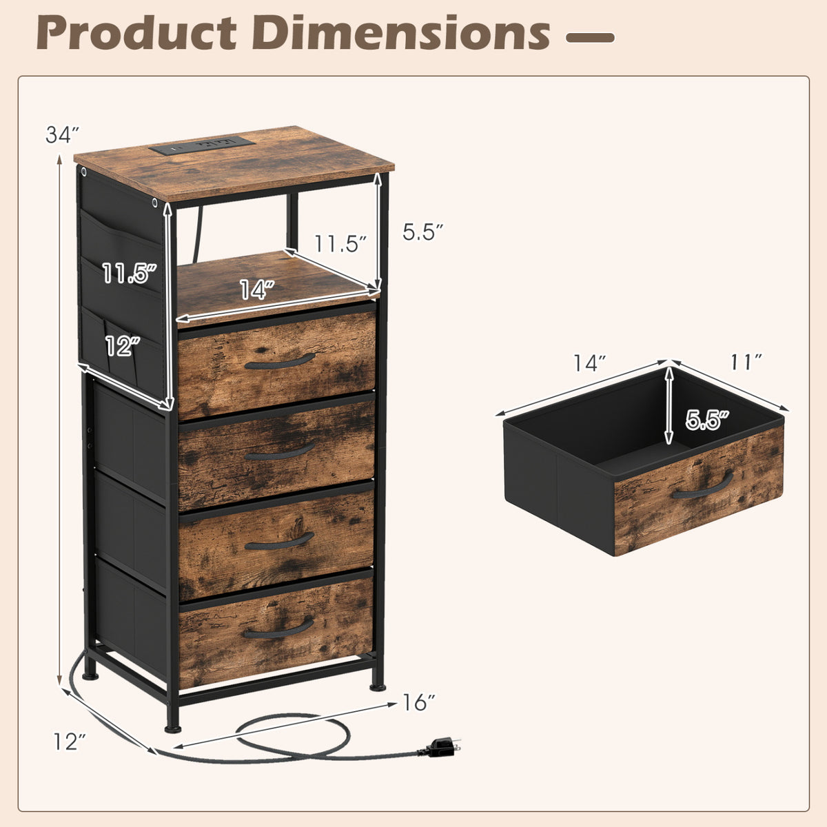 Nightstand with Charging Station, 34" Modern Bedside Table, Rustic Brown Nightstands at Gallery Canada
