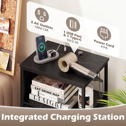 34" Modern Nightstand With Charging Station, Black Nightstands at Gallery Canada