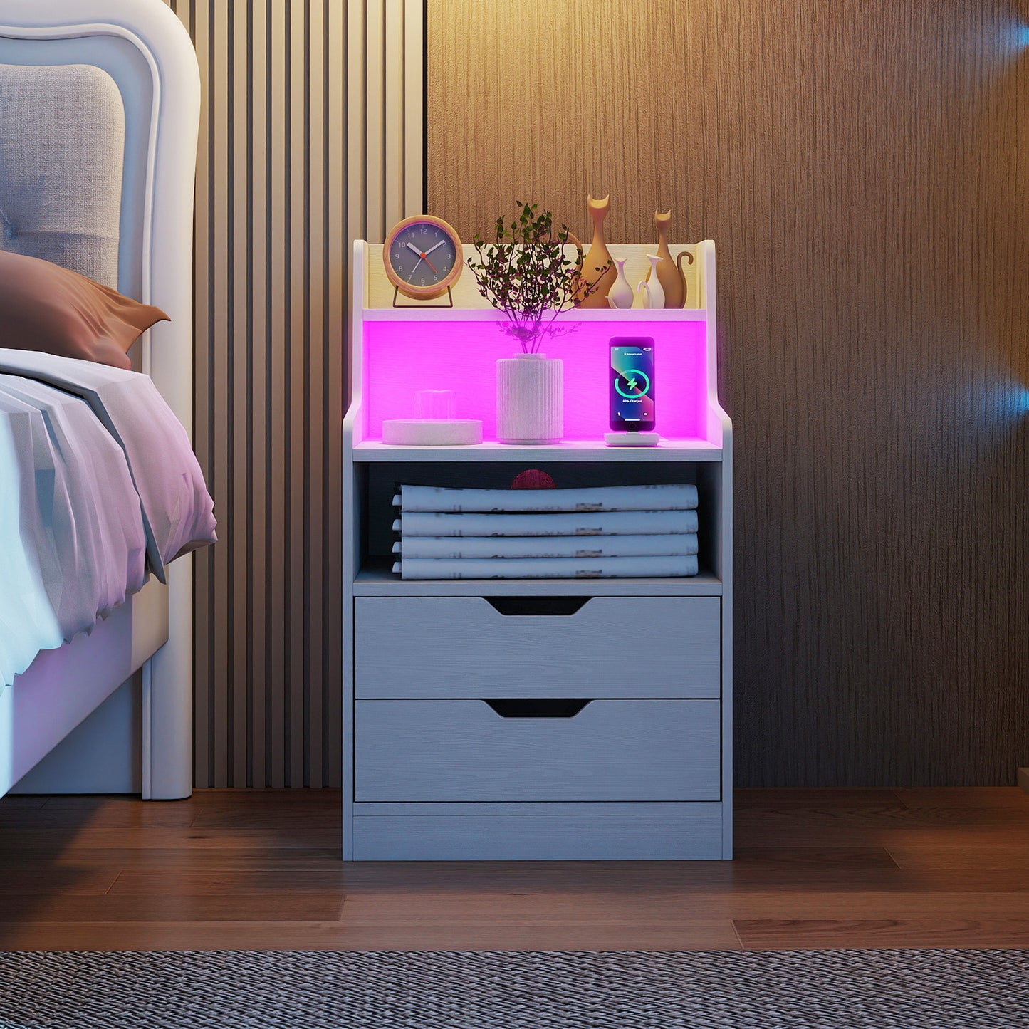 Nightstand with LED Light and Charging Station for Living Room Bedroom, White Nightstands at Gallery Canada
